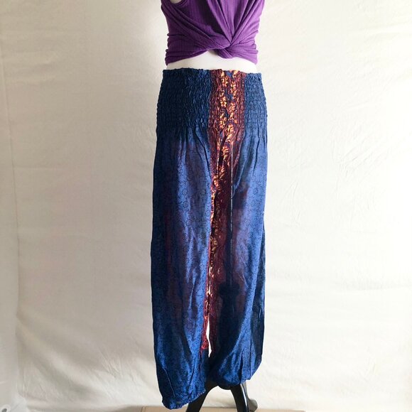 “Leela” Shirred Waist Harem Pants Rangoli Pattern One Size Pink or Navy Blue - Picture 9 of 11